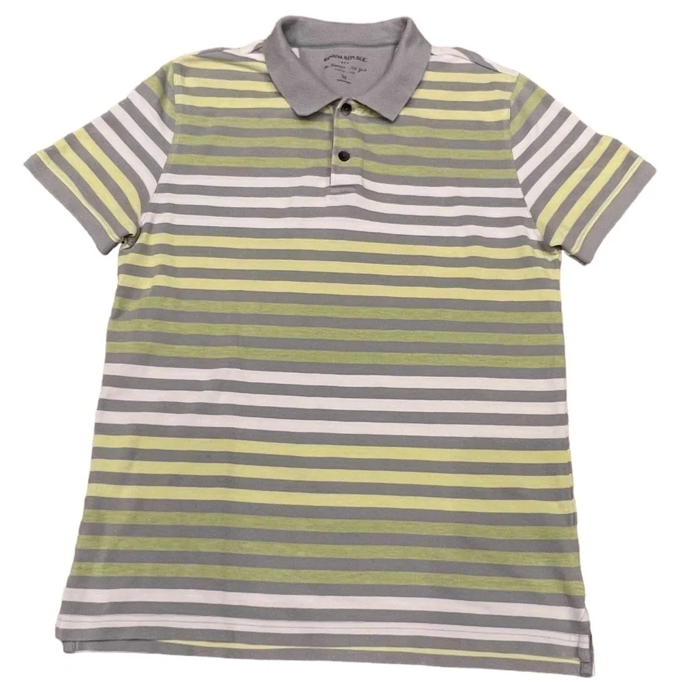 Banana Republic Mens Gray & Green Striped Polo Shirt, Size Medium